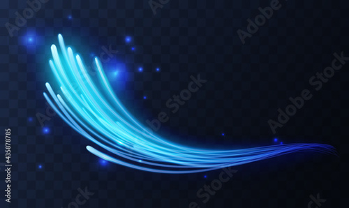 Neon glowing motion lines, waves, curved shining abstract light effect vector illustration. Magic blue speed flying trails of energy shine, bright shimmer particles fly on transparent dark background photo