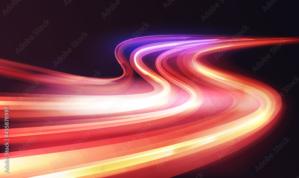 Light speed motion trail, blur streak effect vector illustration. Long exposure fast car transport lights on road city tunnel dark background, blurred shine lamp tails, abstract highway transportation