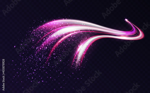 Glitter sparkle star trail, light effect, abstract waves flow vector illustration. Neon magic comet meteor with stardust plume flying, dynamic curve swirl motion glow on dark transparent background