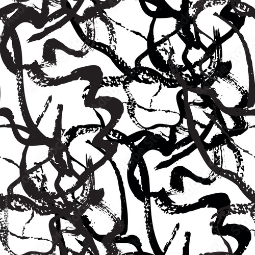 Vector paper inky marbling effect fluid paint seamless pattern background. Monochrome backdrop of streaked, painterly blended swirls. Faux marble texture in black and white. Ebru all over print .