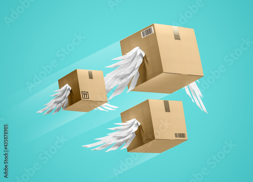 Flying box transportation express delivery order service. Box with wings transportation logistic company background concept. photo