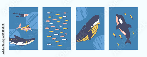 Underwater animals illustrations set in creative style. Sea world in pastel colors. Cute fish, whale, shark, dolphin on blue background. Underwater life concept for banners, website design
