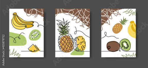 Exotic, tropical fruits wall lineart decoration. Pineapple, bananas, kiwi. Set of vector illustrations, one continuous wall lineart for kitchen or cafe