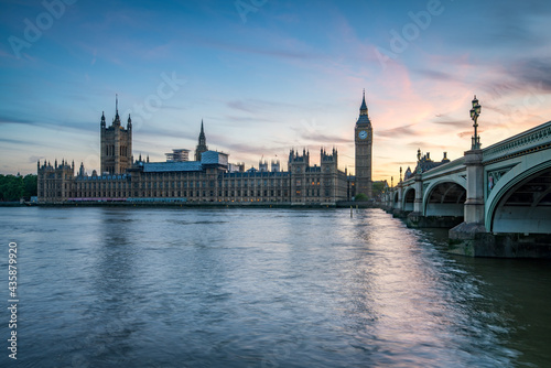 London skyline at sunset with view of Westminster Bridge, Big Ben and Palace of Westminster photo