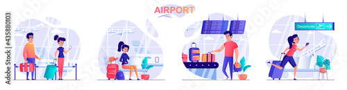 Airport concept scenes set. Passengers with luggage, traveler in waiting room, woman hurrying to departures gate. Collection of people activities. Vector illustration of characters in flat design