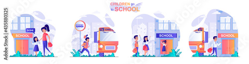 Children go to school concept scenes set. Mom leads daughter to class, pupil rushes to school bus, primary education. Collection of people activities. Vector illustration of characters in flat design