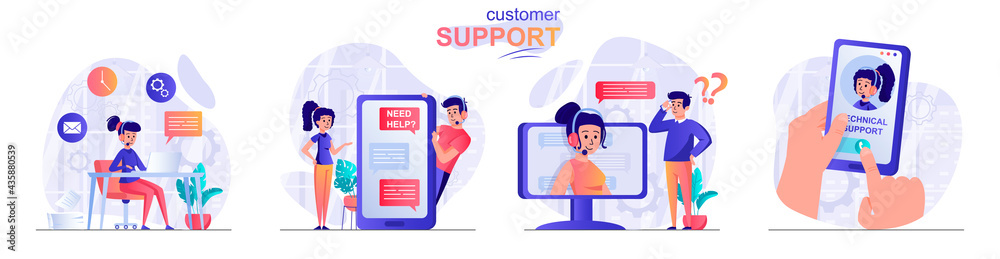 Customer support concept scenes set. Operator accepts calls, tech support helps users, chat with online consultant. Collection of people activities. Vector illustration of characters in flat design