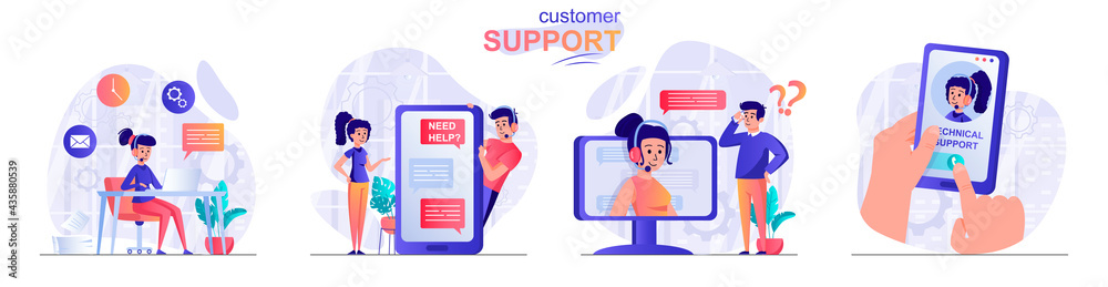 Customer support concept scenes set. Operator accepts calls, tech support helps users, chat with online consultant. Collection of people activities. Vector illustration of characters in flat design Customer support concept scenes set. Operator accepts calls, tech support helps users, chat with online consultant. Collection of people activities. Vector illustration of characters in flat design