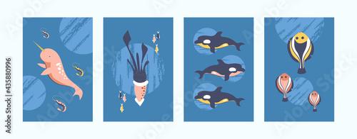 Colorful sea animals illustrations set. Sea world illustration set in bright colors. Cute fish, whale, squid, shrimp on blue background. Underwater life concept for banners, website design