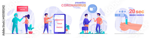 Prevention coronavirus concept scenes set. Temperature check, disinfect your phone, wear medical mask, wash hands. Collection of people activities. Vector illustration of characters in flat design