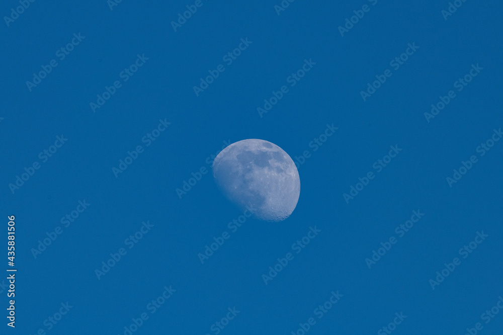 almost full moon in the afternoon against a blue sky 