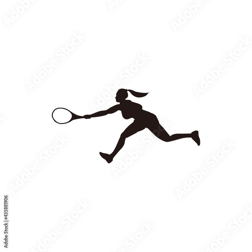 sport woman run and swing his tennis racket horizontally to reach the ball silhouette - tennis athlete run and forehand swing cartoon silhouette isolated on white