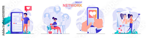 Social network concept scenes set. Men and women communicate online, posting photos, likes, comments, write in blogs. Collection of people activities. Vector illustration of characters in flat design