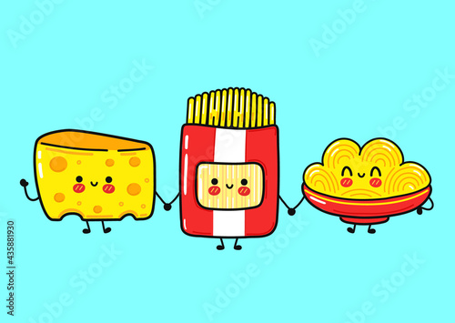 Funny cute happy spaghetti whith cheese characters bundle set. Vector kawaii line cartoon style illustration. Cute Spaghetti , cheese mascot character collection