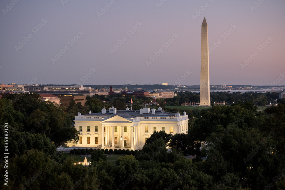 DC skyline at night with view of the White House and the Washington Monument