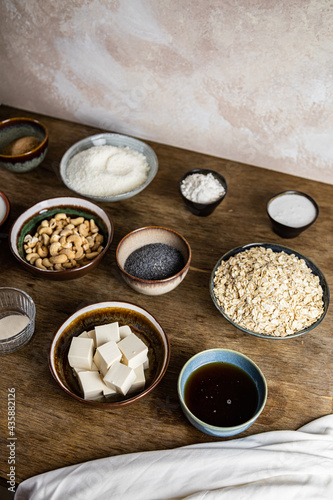 ceramic tableware top view with food ingredients