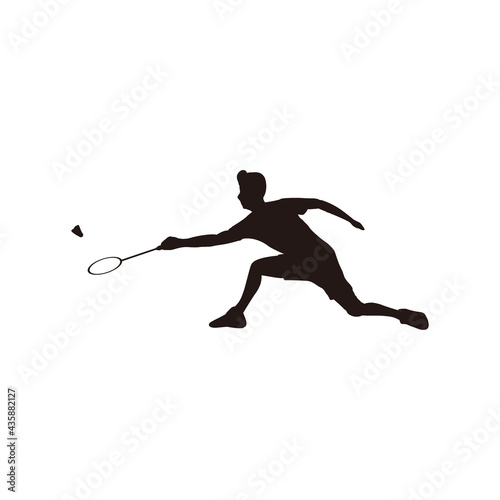 silhouette of port man badminton stretching receive the shuttlecock from the opponent - silhouette of badminton athlete are stretching to receive shuttlecock isolated on white