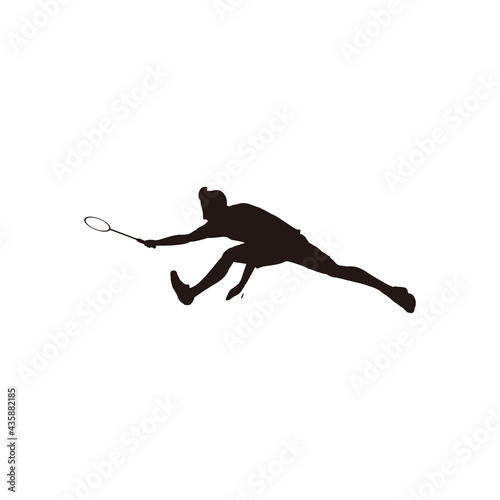 silhouette of sport man badminton stretching hardly to receive the shuttlecock from the opponent - silhouette of badminton athlete are stretching hardly to receive shuttlecock isolated on white
