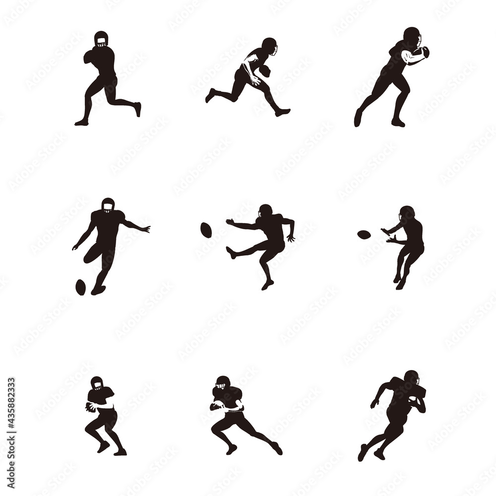 sport men playing rugby cartoon illustrations silhouette set - football player playing rugby silhouette set isolated on white