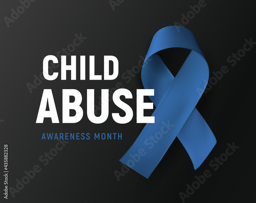 Child abuse awareness month, vector logo, kids violence prevention symbol, blue ribbon on black background, vector illustration