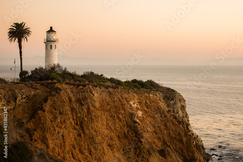 Light house and palm tree on a cliff close up