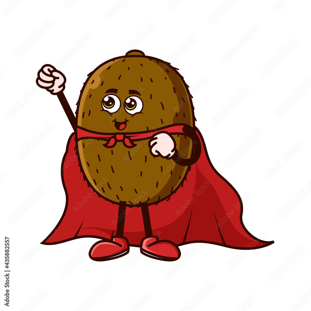 Naklejka premium Cute Kiwi fruit character with Super hero costume and try to fly. Fruit character icon concept isolated. Emoji Sticker. flat cartoon style Vector