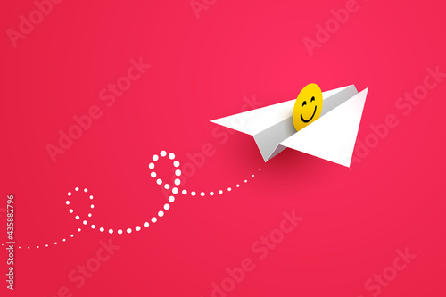 White paper airplane and yellow happy smiling face icon