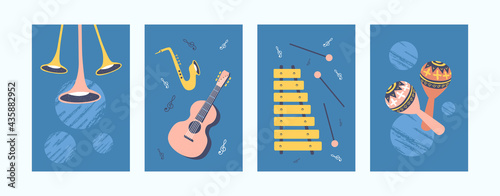 Musical instruments illustrations set in retro style. Bright collection of different music instruments. Guitar, xylophone, pipe and maracas on blue background. Art concept for banners, website design