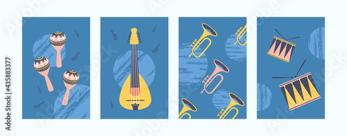 Colorful musical instruments illustrations set. Bright collection of music instruments. Guitar, drum, pipe and maracas on blue background. Art concept for banners, website design