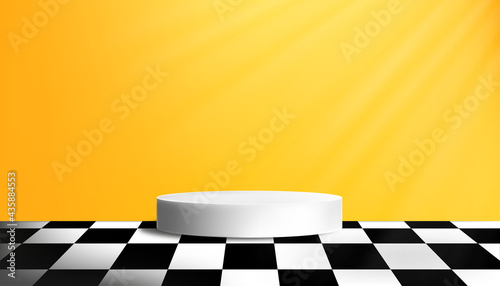 Studio Room with White Cylinder Podium in Yellow wall Background,Yellow Gallery room with circle display showcase on Black and White checkered pattern floor,Vector 3D minimal design backdrop banner