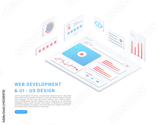 Web page interface design in isometric vector illustration. Web design and web development concept. User interface optimization. Vector illustration. 