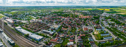 Aerial view of the cities wolfsburg and Fallersleben in Germany on a sunny day in spring.