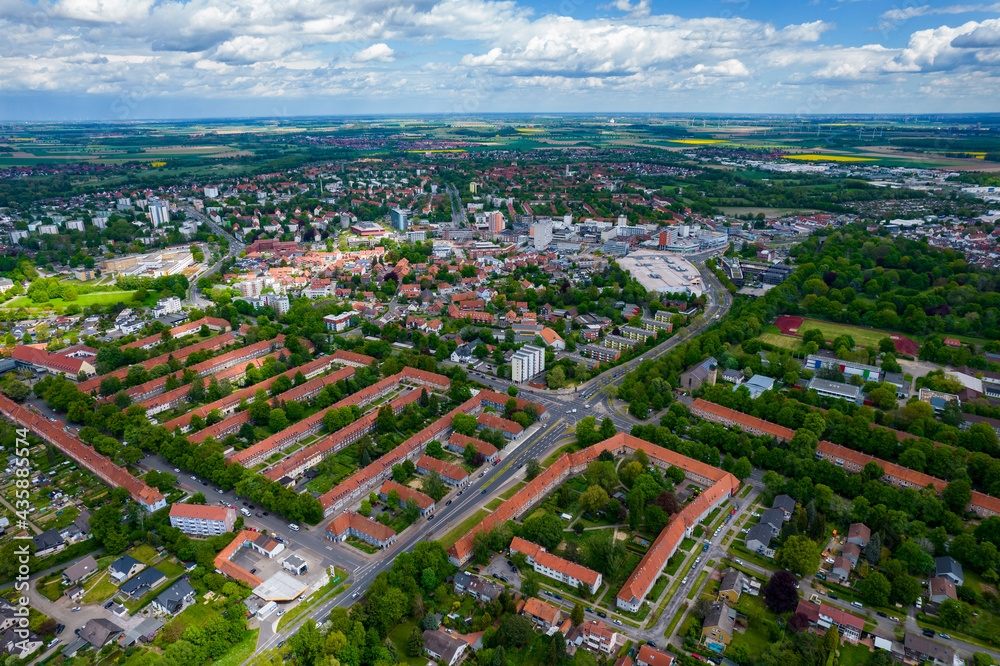 Aerial view of the city Lebenstedt in Salzgitter in Germany on a sunny day in spring.