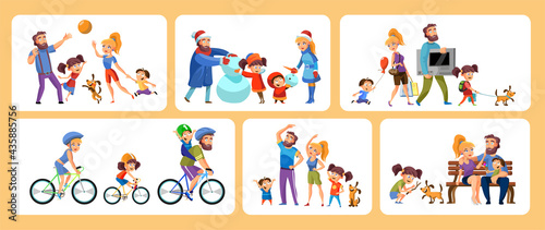 Set of cartoon scenes family active holidays parents with kids in various activity isolated vector illustration