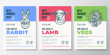 Best Organic Meat and Vegetables Vector Packaging Design or Label Templates Set. Farm Grown Products Banners. Hand Drawn Herbs, Rabbit and Sheep Head Silhouettes Backgrounds Layout Collection