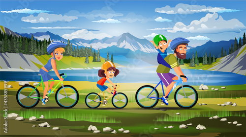 Family sport bicycle walk composition with outdoor beautiful landscape sky, lake and mountains with family members riding bikes vector illustration