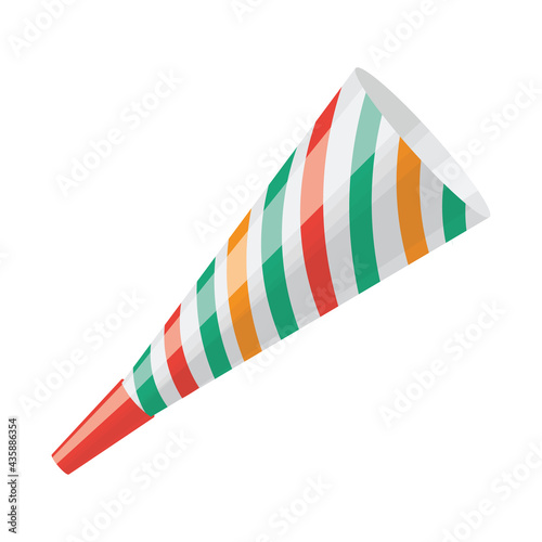 Bright colorful festive party horn. An accessory for holding fun holidays. Party whistle in multi-colored stripes of red, orange and green. Vector illustration isolated on white background.