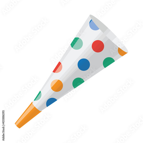 Bright colorful holiday party. An accessory for holding fun holidays. Multi-colored party whistle in round spots of red, orange and green colors. Vector illustration isolated on white background.
