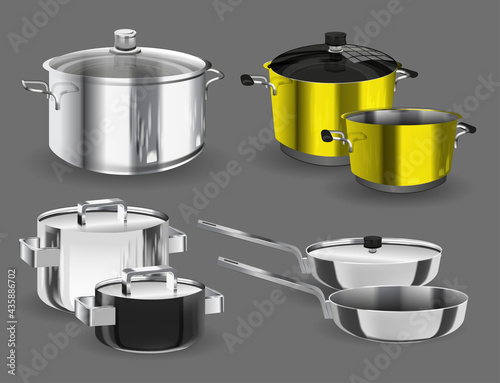 Pans pots and saucepans. Kitchen pan objects, realistic kitchenware tools collection for cooking, vector illustration of elements for boiling and frying isolated on white background