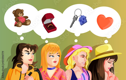 Four cartoon vector woman characters. Thought bubbles. Girls think about house, toy, wedding ring, true love.Female characters dream about different wealth. Flat vector illustration