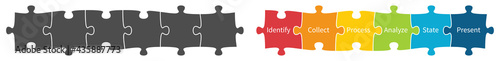 Simple six connected jigsaw puzzle pieces illustration, gray and colour version