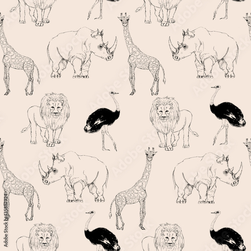 Safari Animal print decorative vintage style seamless black and white monochrome coloring pattern 