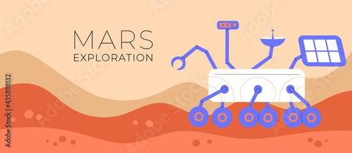 Banner with an illustration of a rover standing on Mars. Flat art vector drawing. Mars exploration. Science investigation. 