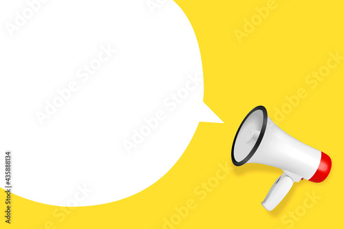 Vector Realistic 3d Simple White Megaphone with Speech Buble on Yellow Background. Design Template, Banner, Web. Speaker Sign. Announcement, Attention Concept