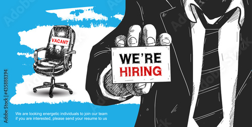 Business recruiting concept man show card we are hiring and office chair with a sign vacant. Hand drawing style vector illustration on blue background