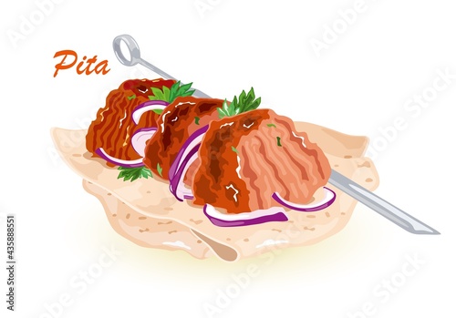 Cartoon of turkish or mexican fast food with meat and vegetables in pita bread, meal on grill. Vector cafe snack with veggies, nutritious lunch. Takeaway and brunch concept isolated on white