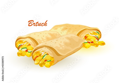 Cartoon of fresh pita bread stuffed with eggs, cheese, meat, greenery, herbs and lettuce. Vector hot meal for brunch, eat and go, grill bread. Idea of fast food and takeaway isolated on white