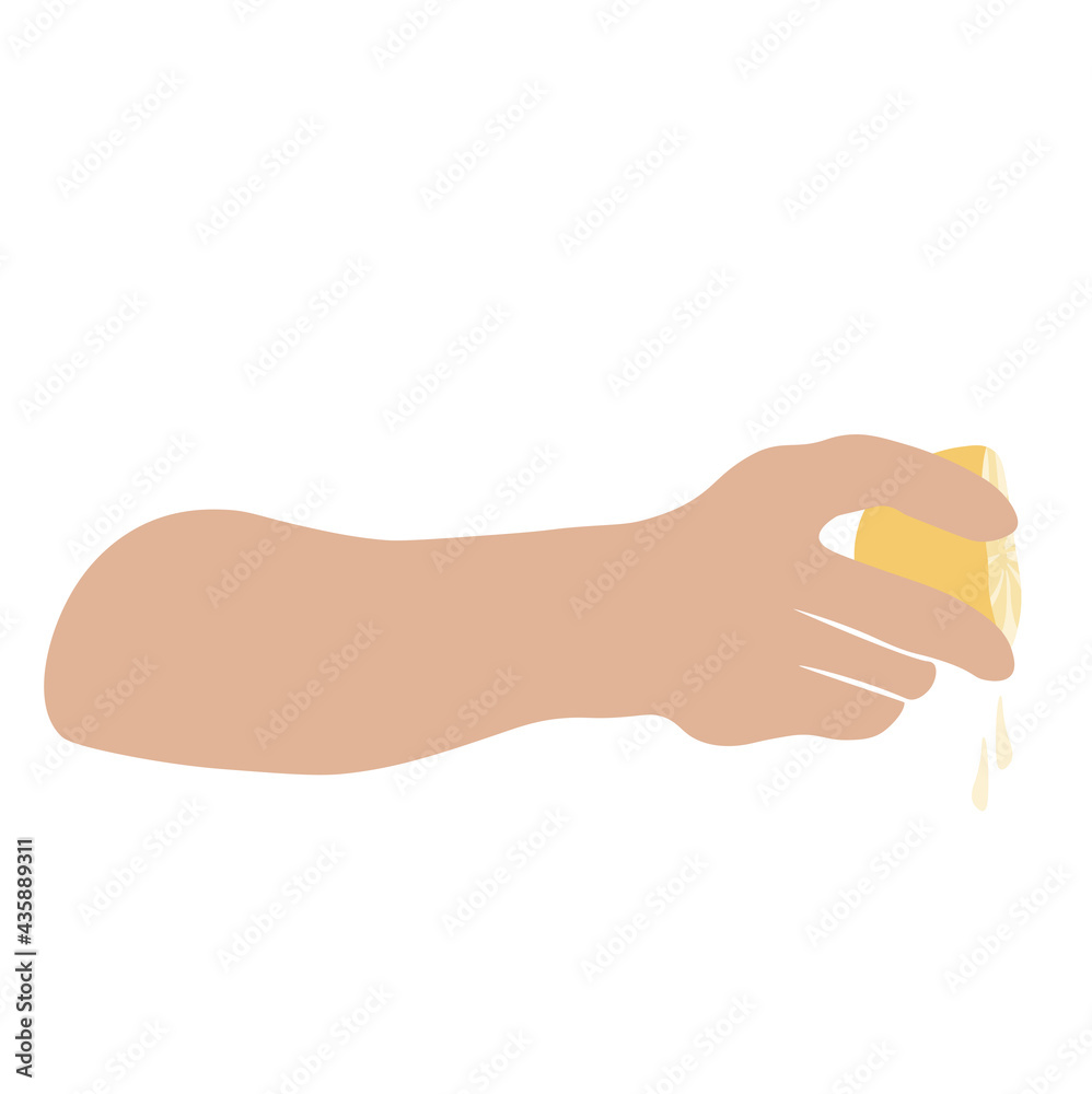 Hand crushes lemon juice vector stock illustration. Chef's cooking recipe. Template for the menu. Isolated on a white background. Hand crushes lemon juice vector stock illustration. Chef's cooking recipe. Template for the menu. Isolated on a white background.
