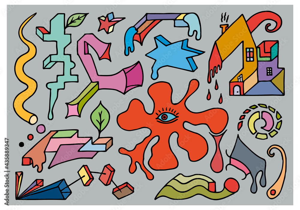 Obraz premium Psychedelic, surreal multicolor elements on a gray background in doodle style. Hand Drawn.
