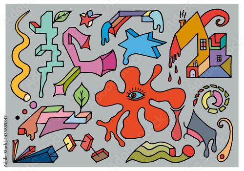 Psychedelic, surreal multicolor elements on a gray background in doodle style. Hand Drawn.